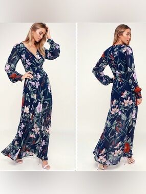 LULUS Navy Floral Wrap Maxi Dress - Women